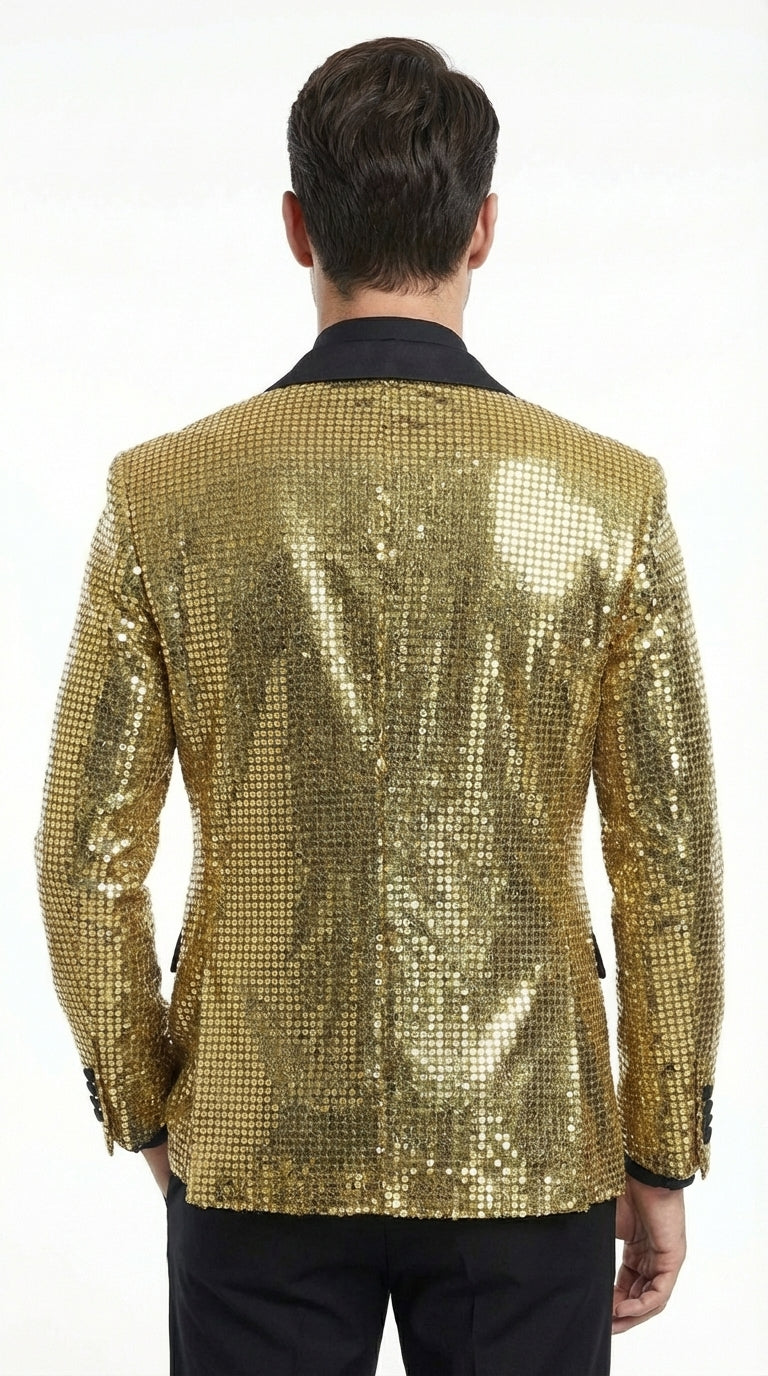 Men's Gold Sequin Blazer With Black Satin Lapel  Formal Party Jacket for Prom, Wedding and Stage Events