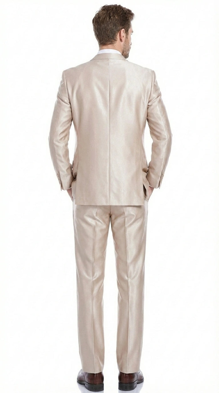 Men’s Champagne Tan Sharkskin 2 Button Suit – Glossy Formal Suit with Optional Vest for Wedding, Prom, Business Beige Color