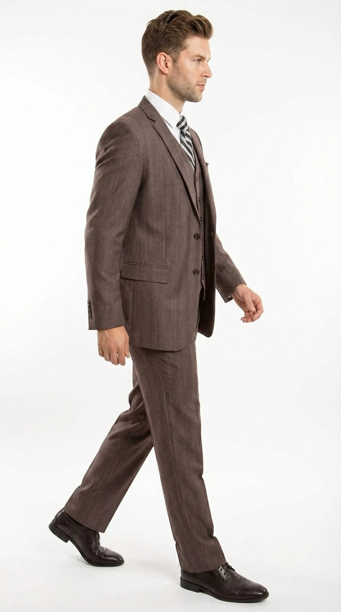 Men’s Brown Sharkskin 3 Piece Suit – Textured Two Button Vested Business Formal Suit for Wedding, Party Wear Elegant