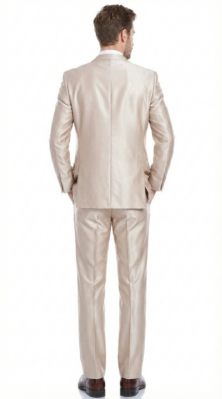 Men’s Champagne Tan Sharkskin 2 Button Suit – Sleek Formal Suit with Optional Vest for Wedding, Prom, Business Beige Color