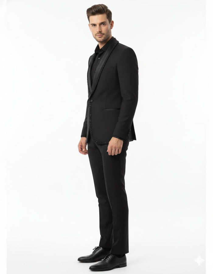 Mens Classic Black Designer Tuxedo Suit with Beaded Lapel  Elegant Formal and Party Wear Jacket and Pants
