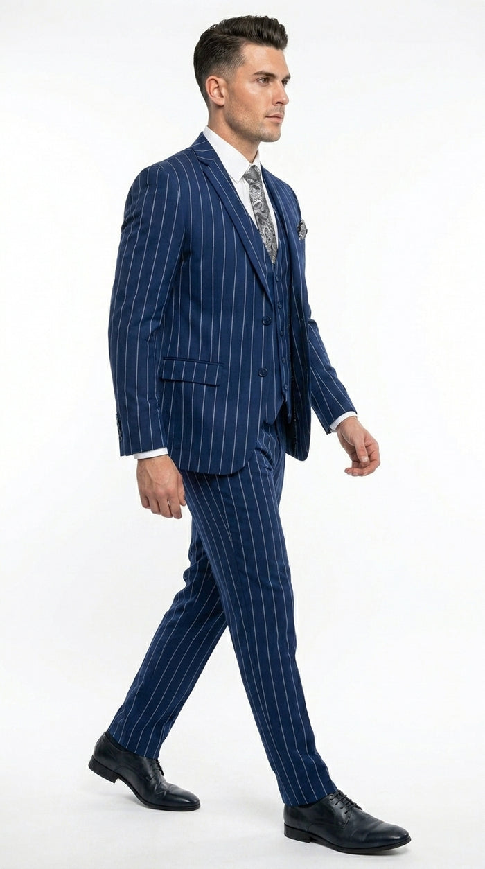 Men’s Navy Blue 1920s Gangster Stripe Vested Suit with White Pinstripes, 2 Button Dress Suit