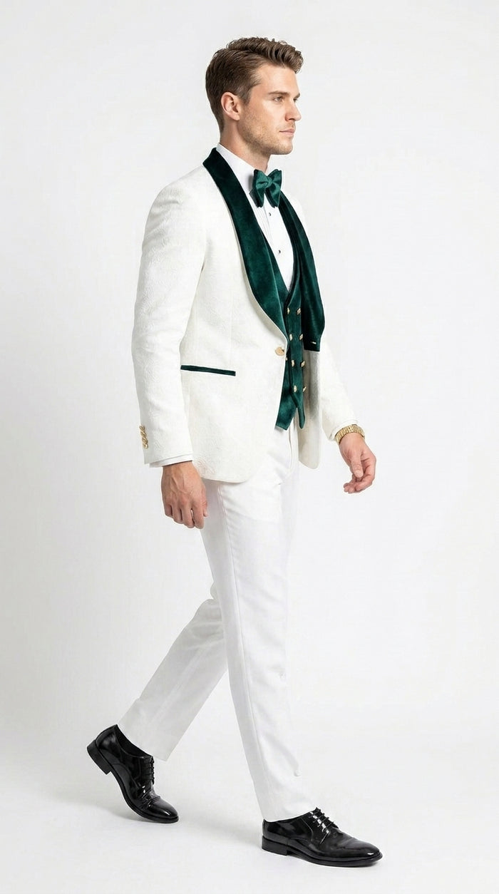 Men’s White and Green Tuxedo Wedding Suit with Shawl Lapel, Velvet Vest and Pants