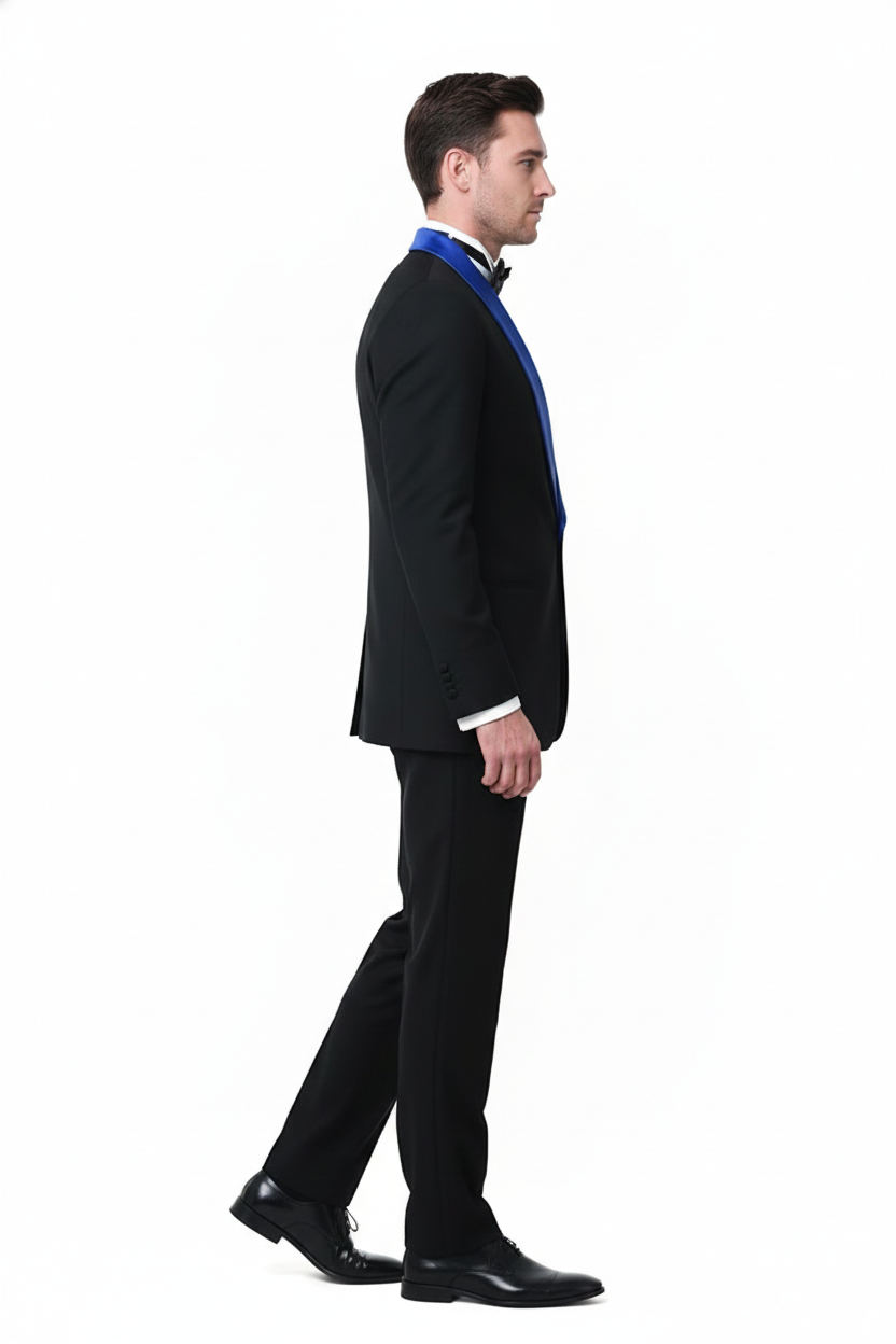 Mens Black Tuxedo with Royal Blue Shawl Lapel | Modern Formal Dinner Jacket Suit  Pants for Weddings, Proms