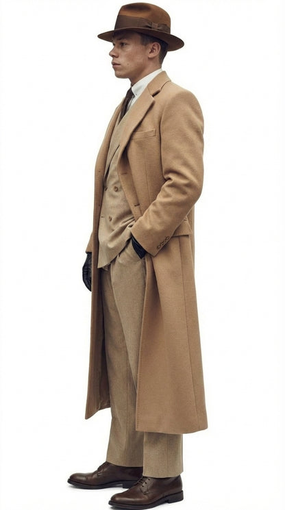 Men’s Cashmere & Wool Camel Beige Long Overcoat – Peaky Blinders Style Vintage Formal Coat + Suit + Hat Package