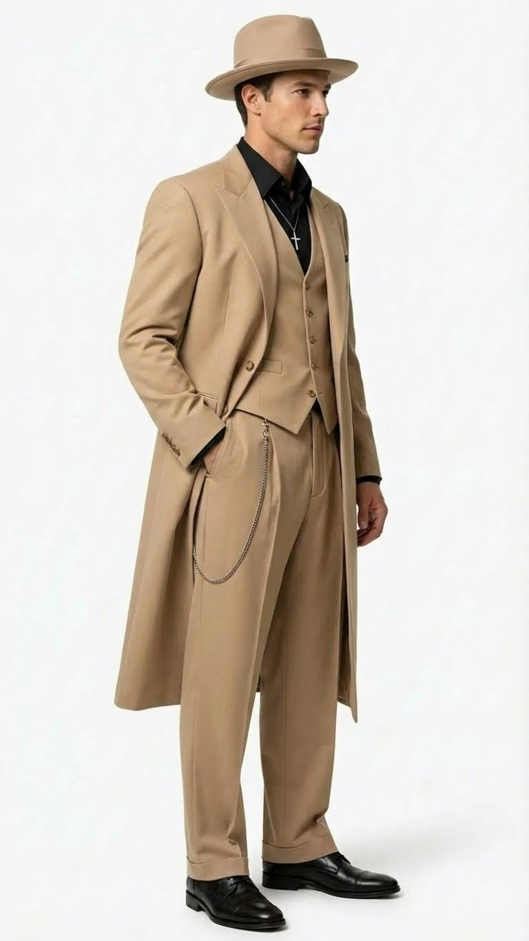Mens 1920s Beige Zoot Suit  Long Mafia Gangster Three-Piece Suit in Tan Khaki Color 40 inch Zuit Pachuco Suit
