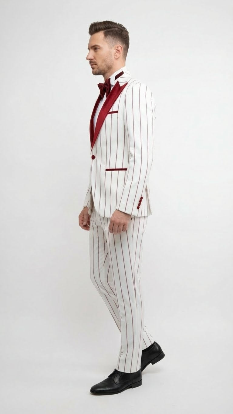 Mens White and Dark Red Pinstripe Tuxedo with Velvet Shawl Lapel  Formal Dinner Blazer Prom Christmas New Year Holiday Suit