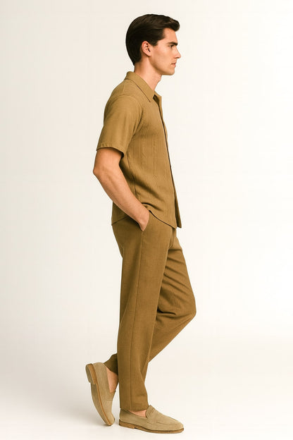 Mens Mocha Brown Short Sleeve Knit Walking Suit  Two-Piece Casual Button Down Set in Taupe Coffee Color