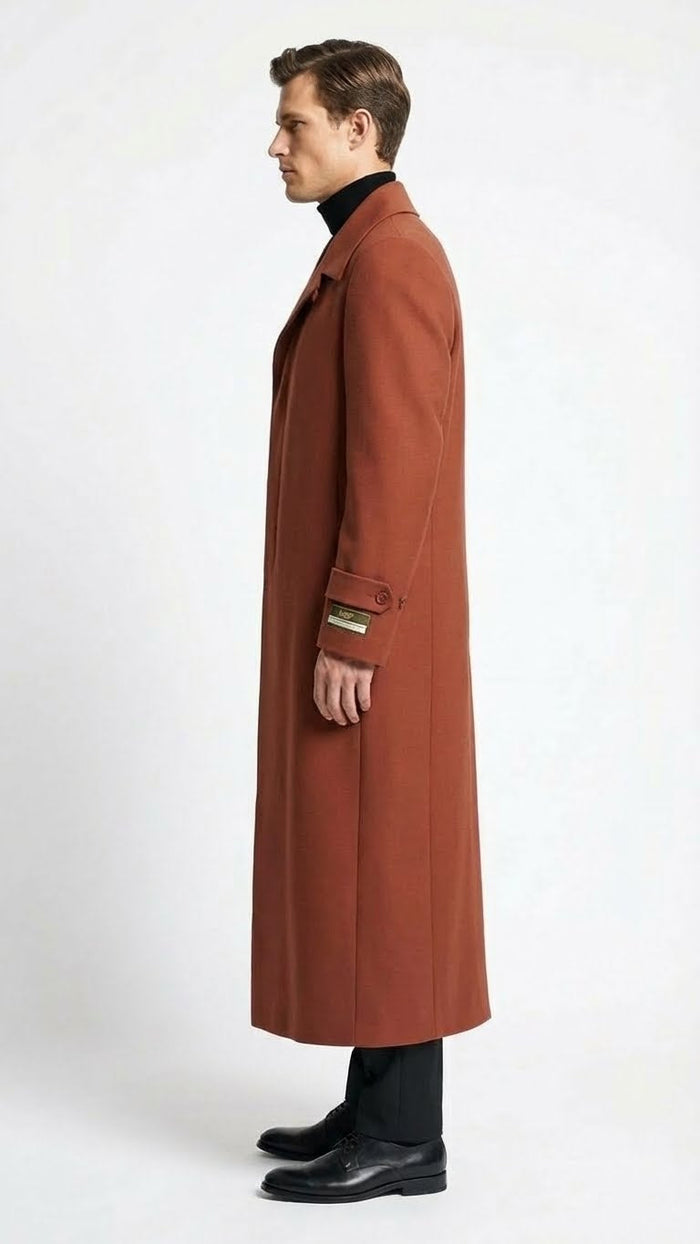 Mens Full-Length Cognac Overcoat  Premium Wool-Blend Long Dress Coat for Winter and Formal Wear in Rust Brick Color