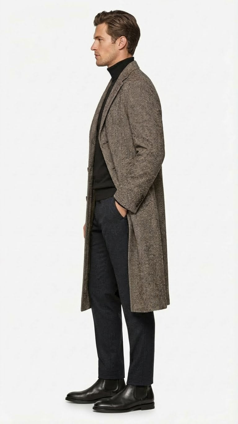 Mens Black & Grey  Herringbone Tweed Wool Blend Overcoat  Classic Single-Breasted Winter Blazer Carcoat