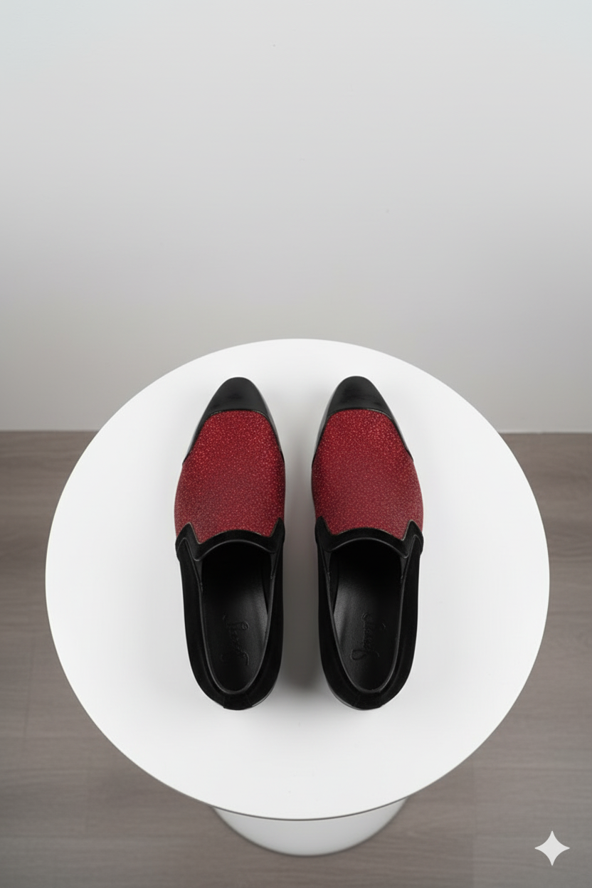 Mens Red Glitter Tuxedo Loafers  Shiny Slip-On Dress Shoes with Black Patent Toe for Parties and Formal Events