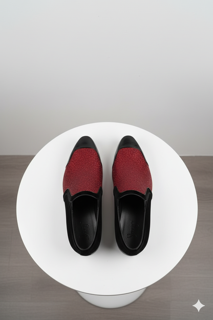Mens Red Glitter Tuxedo Loafers  Shiny Slip-On Dress Shoes with Black Patent Toe for Parties and Formal Events