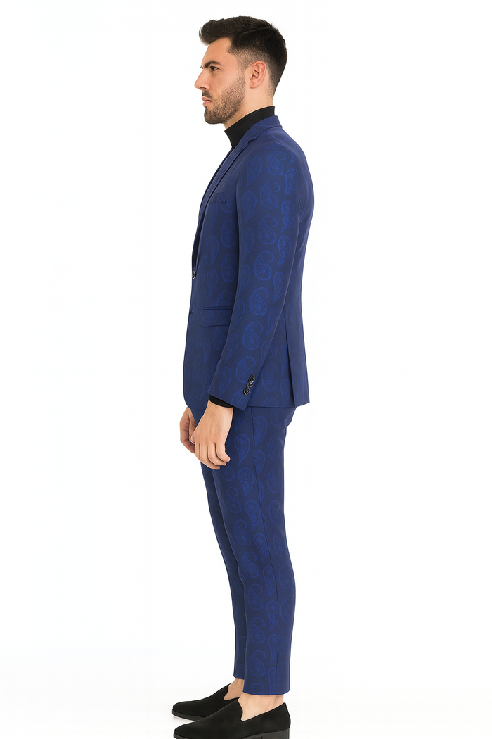 Mens Sapphire Blue Paisley 3-Piece Suit  Slim Fit Designer Tuxedo Set for Weddings and Formal Events in Cobalt Blue Color
