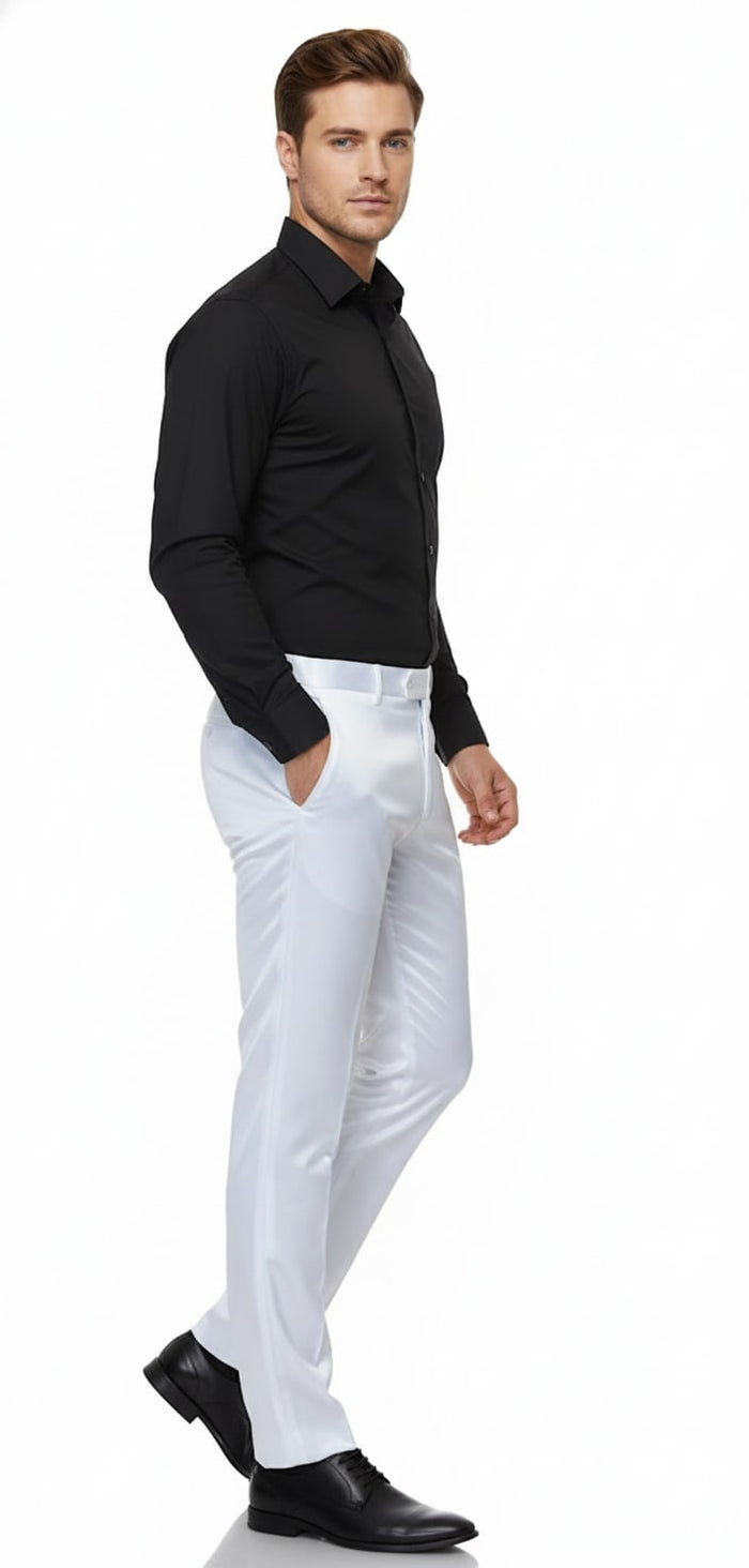 Mens White Satin Slim Fit Dress Pants  Shiny Formal Party and Wedding Trousers