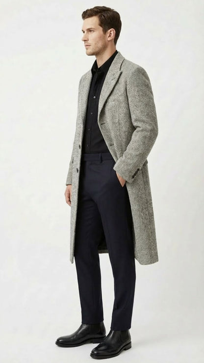 Mens Grey Herringbone Long Overcoat  Tweed Black and White Pattern Wool Topcoat Three Qaurter