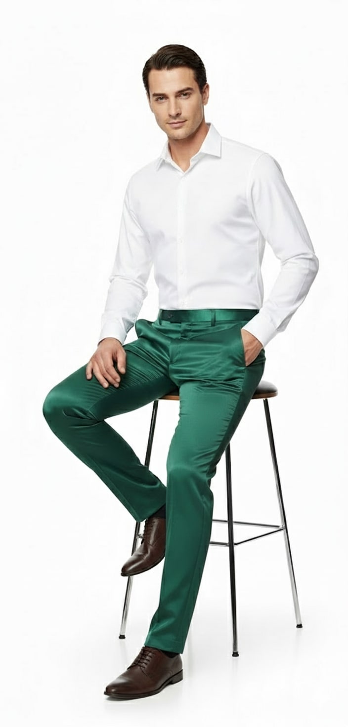 Mens Emerald Green Satin Slim Fit Dress Pants  Shiny Formal Party and Wedding Trousers