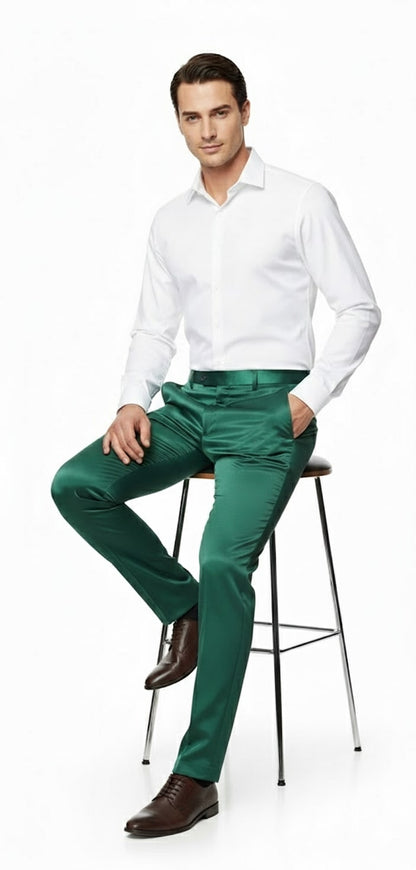Mens Emerald Green Satin Slim Fit Dress Pants  Shiny Formal Party and Wedding Trousers
