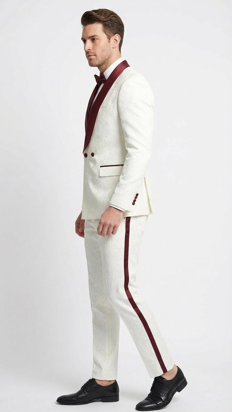 Mens Ivory and Burgundy Jacquard Tuxedo Suit  Luxury Slim Fit 3-Piece Formal Wedding, Prom, and Gala Outfit in Cream Off White Color