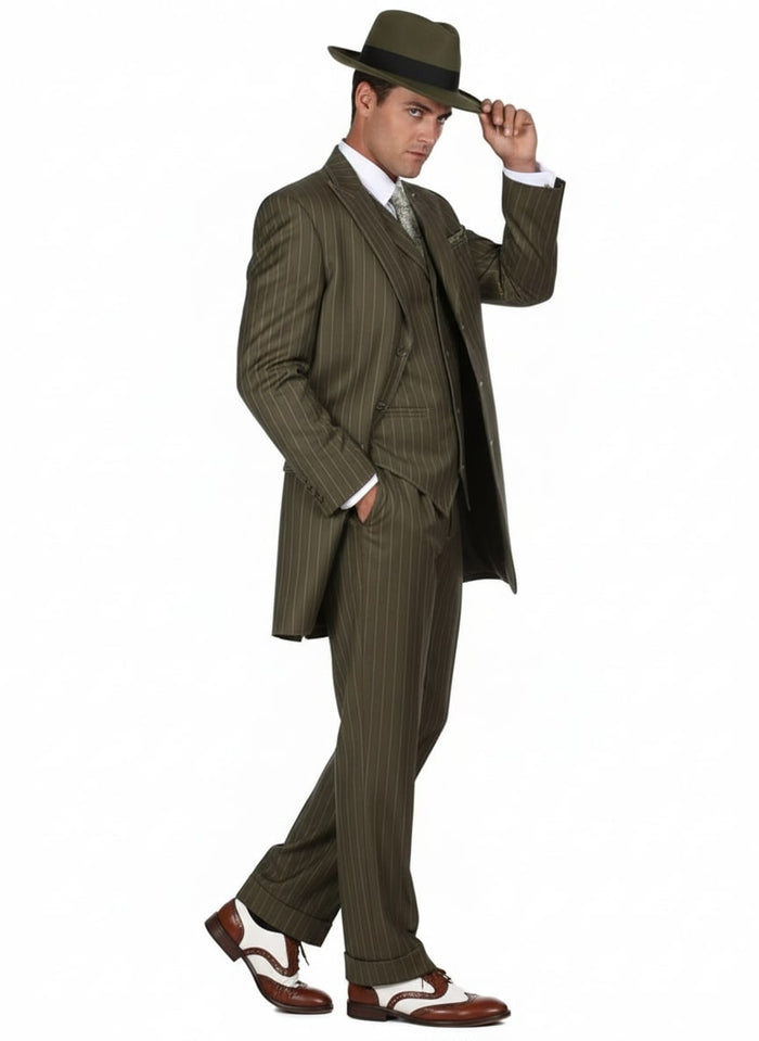 Men's Olive Green Pinstripe Zoot Suit - 1920s Gangster Vintage 3-Piece Suit for Formal and Themed Events
