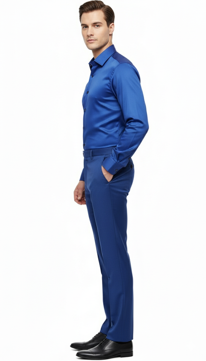 Mens Royal Blue Satin Dress Shirt  Luxury Long Sleeve Formal Shirt for Parties, Weddings, and Business Wear