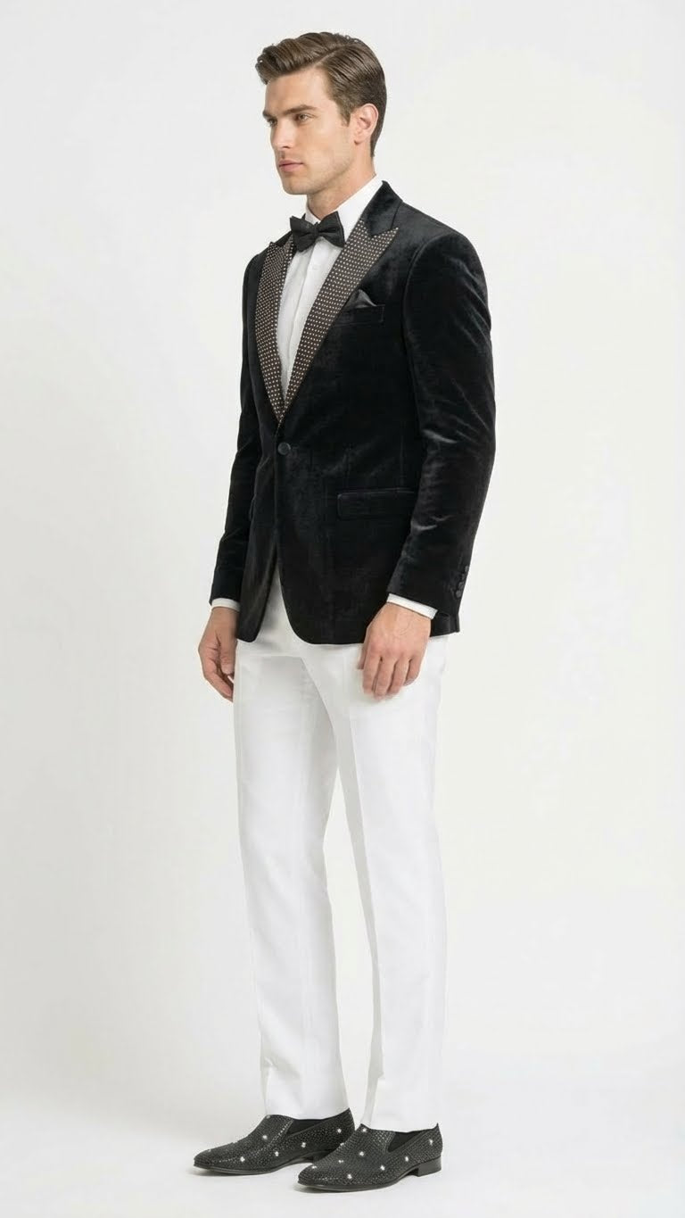 Mens Black Velvet Tuxedo Blazer with Studded Lapel  Formal Evening Jacket