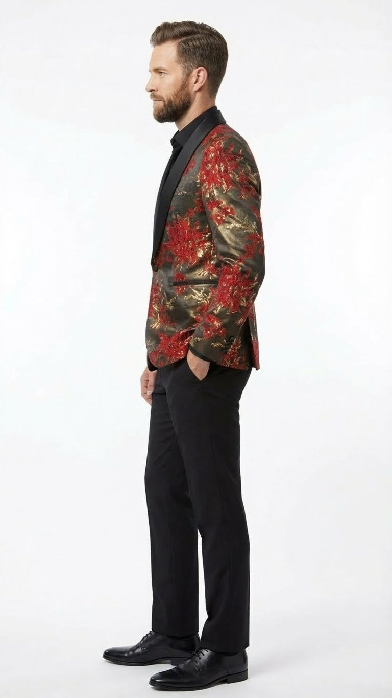Mens Red and Gold Floral Pattern Paisley  Shawl Lapel | Luxury Evening and Party Wear Jacket Prom Christmas New Year Blazer