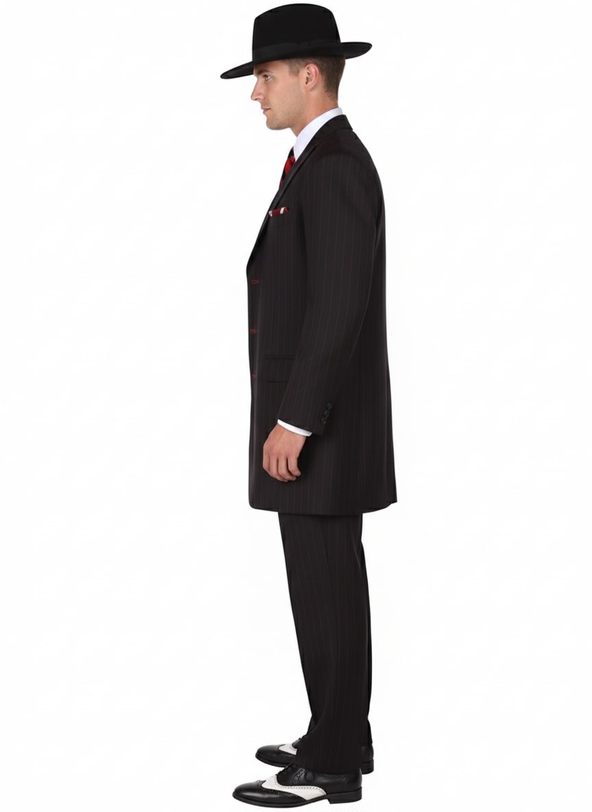 Mens Black and Red Pinstripe Zoot Suit  1920s Gangster Vintage 3-Piece Suit for Formal, Prom, and Themed Events