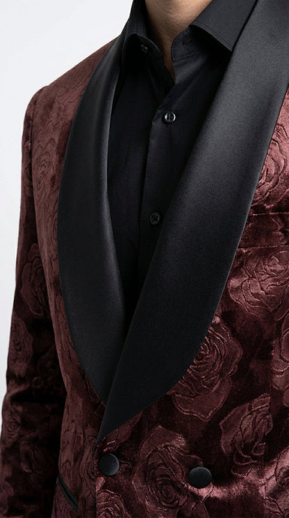Mens Rust Copper Brick color Floral Jacquard Pasiley Blazer – Pattern Dinner Jacket with Black Shawl Lapel for Formal dinners and Wedding