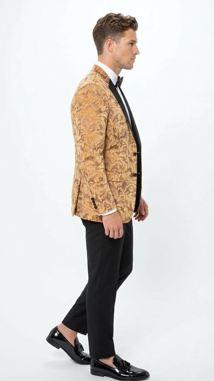 Mens Yellow Gold Baroque Pattern Tuxedo Blazer Suit  Party and Wedding Jacket Prom Paisley Black Pants