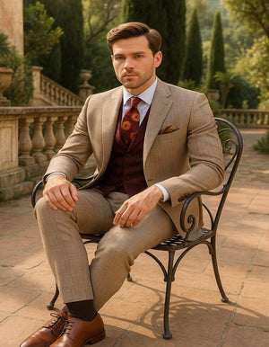Men's Light Brown Plaid Suit with Burgundy Vest and Colorful Floral Tie  3 Piece Set - Taupe Windowpane Pattern