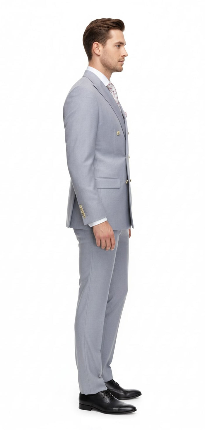 Mens Silver Grey Double-Breasted 3-Piece Suit  Classic Tailored Fit with Peak Lapel and Gold Buttons for Weddings, Church and Formal Events