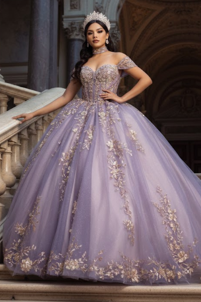 Quinceañera Ball Gown Off Shoulder Glitter Tulle Dress with 3D Floral Appliqués Long Train by Layla K LK292