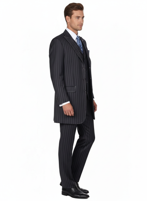 Men's Three Button Suits -  Navy Blue Pinstripe Three-Piece Suit – Classic Business and Formal Wear with Tailored Fit