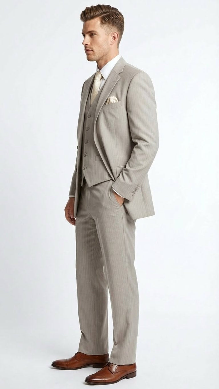 Mens Light Tan Pinstripe 3 Piece Suit with Jacket, Vest, and Pants | Shadow Stripe Tone Tone Pleated Pants Classic