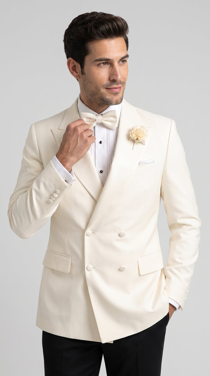 Men’s Ivory Double Breasted Dinner Jacket, Peak Lapel Formal Wedding Prom Tuxedo Blazer in cream off white color