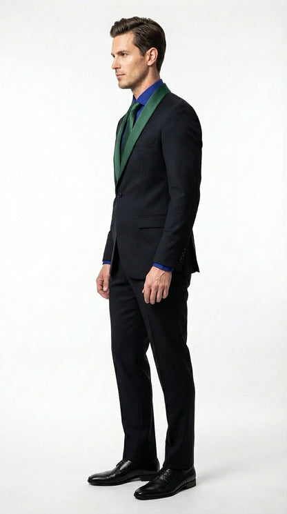 Men’s Black Suit with Hunter Green Shawl Lapel – Black and Hunter Green Formal Tuxedo Suit for Wedding, Prom With Bow Tie