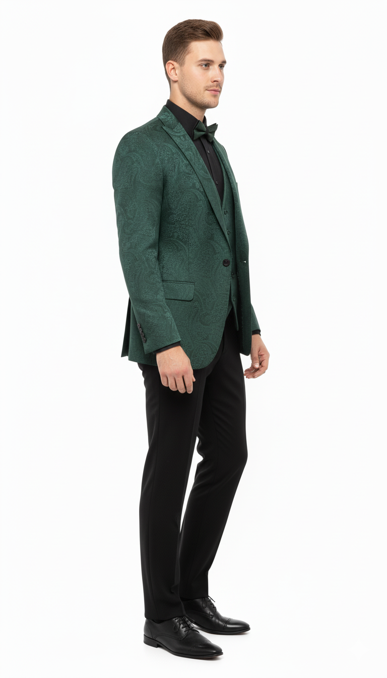 Mens Emerald Green Paisley Tuxedo 3-Piece Suit  Slim Fit Formal Blazer, Vest, and Pants for Weddings, Proms