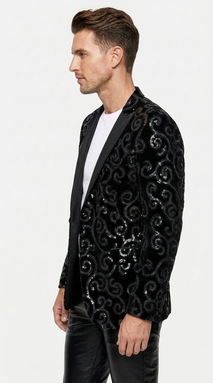 Men’s Black Velvet Sequin Swirl Dinner Jacket – Blazer Paisley Sparkly