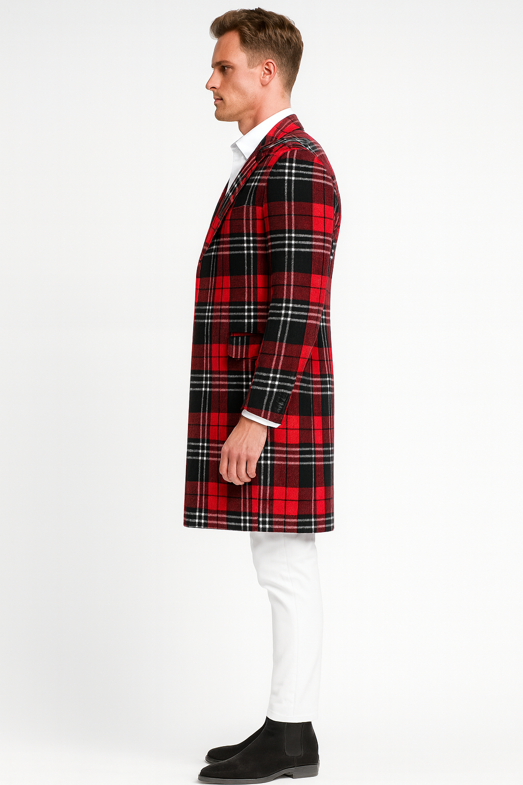 Mens Red Plaid Wool Overcoat  Classic Tartan Check Long Coat for Stylish Winter Wear