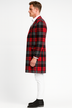 Mens Red Plaid Wool Overcoat  Classic Tartan Check Long Coat for Stylish Winter Wear