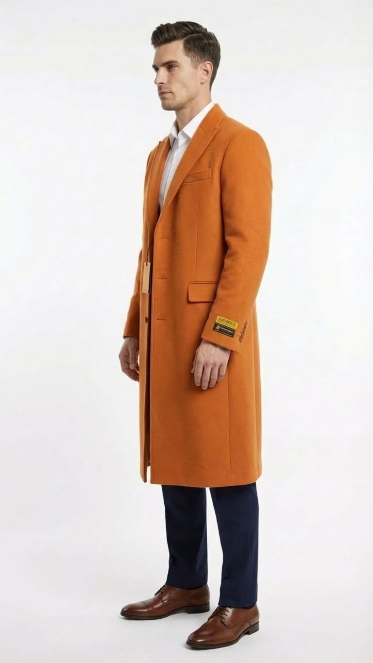 Mens Orange - Rust Wool Blend Long Overcoat  Topcoat Carcoat Topcoat