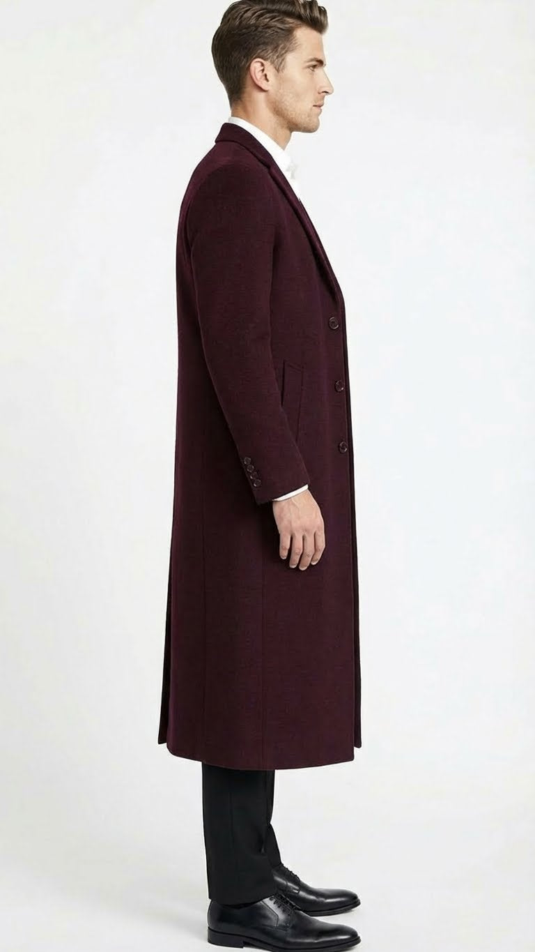 Mens Burgundy Long Coat  Classic Fit Wool Blend Overcoat - Topcoat Full length