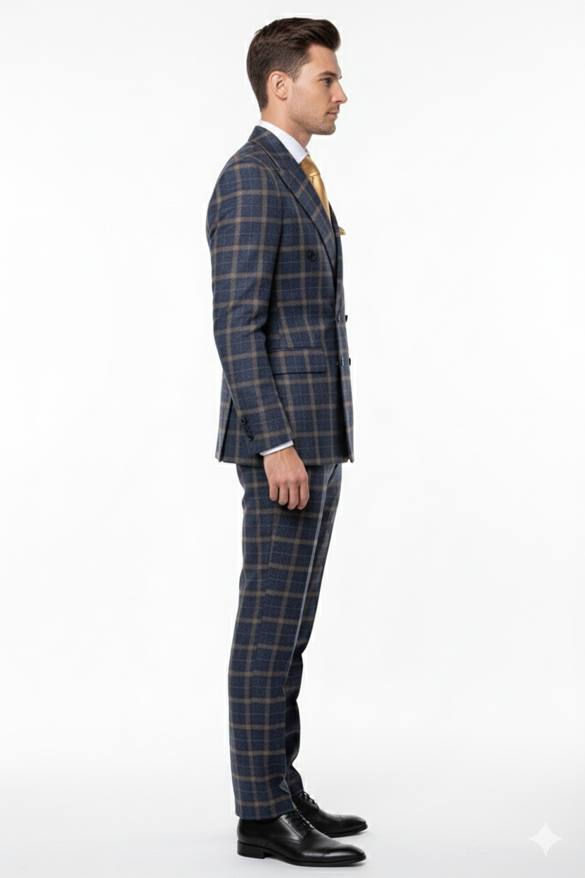 Mens Navy and Tan Windowpane Double-Breasted Suit | Classic 2-Piece Plaid Dress Suit, Business, and Formal Events By Rossiman