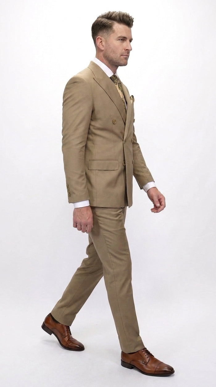 Men’s Statement Brand Caramel Khaki Double Breasted Wool Suit, Designer Formal Business Suit Set Wool Suit in Camel Color