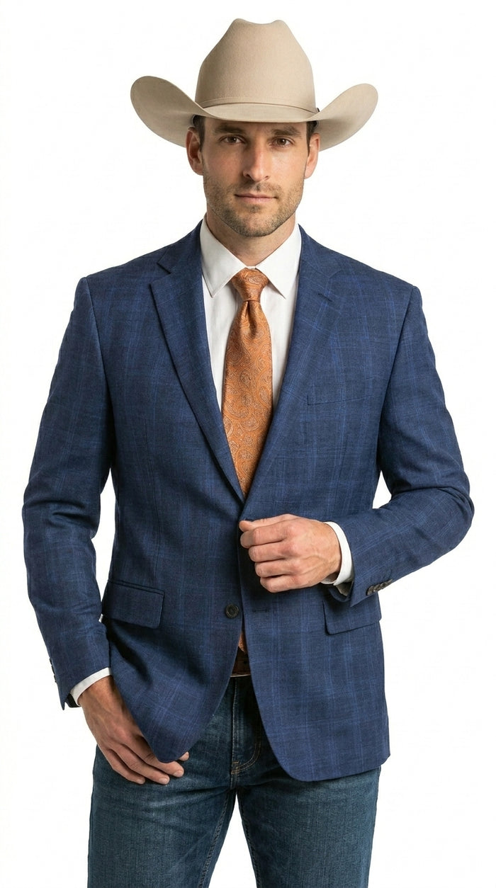 Men’s Dark Blue Western Sport Coat with Two Button Front, Notch Lapel Designer Blazer Jacket