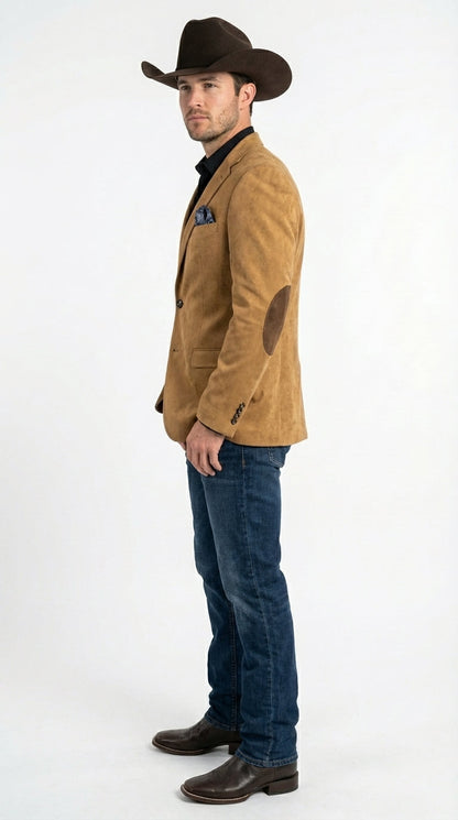 Men’s Camel Suede Cowboy Blazer with Elbow Patch – Camel Western Style Suede Sport Coat for Casual