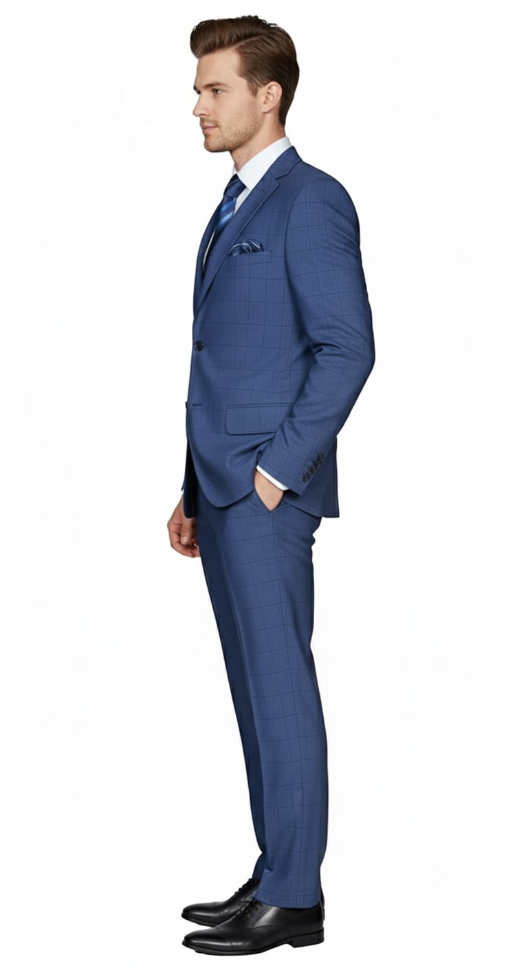 Mens Indigo Navy Blue Windowpane Check Suit  Classic 2-Piece Formal Business and Wedding Wear Set in Cobalt Blue