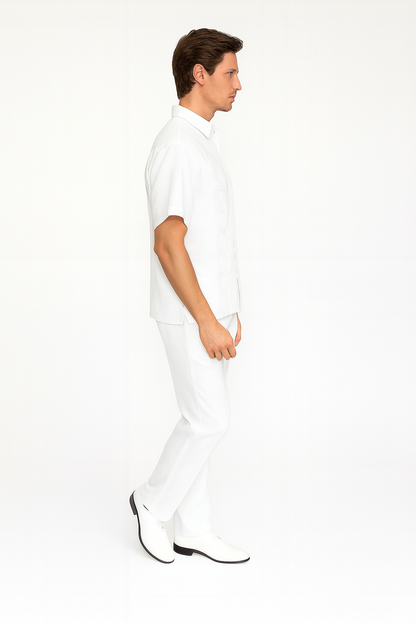 Mens White Embroidered Guayabera Two-Piece Set  Short Sleeve Shirt and Pants