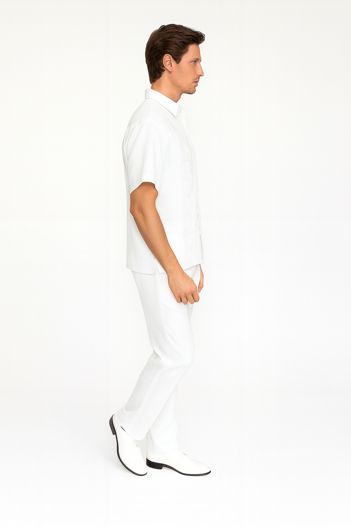 Men's White Embroidered Guayabera Two-Piece Set - Short Sleeve Shirt and Pants