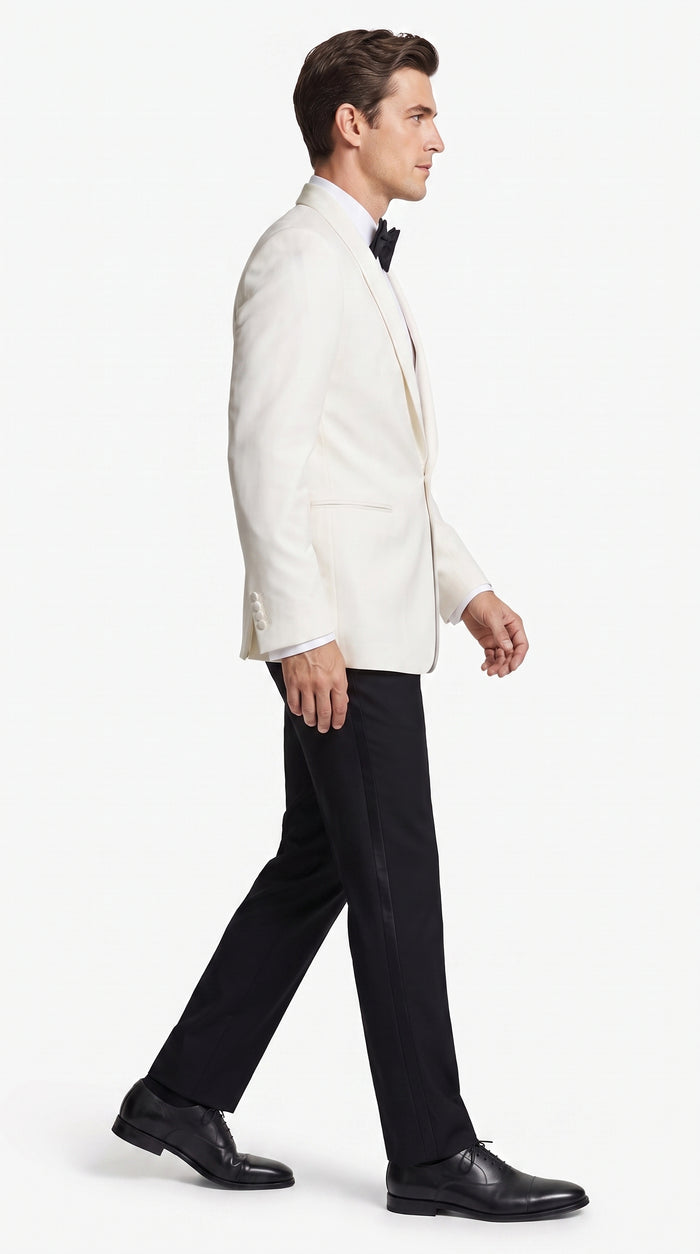 Men’s Vintage Hollywood Ivory Tuxedo – Black Shawl Lapel Wedding, Prom and Formal Dinner Jacket with Black Pants